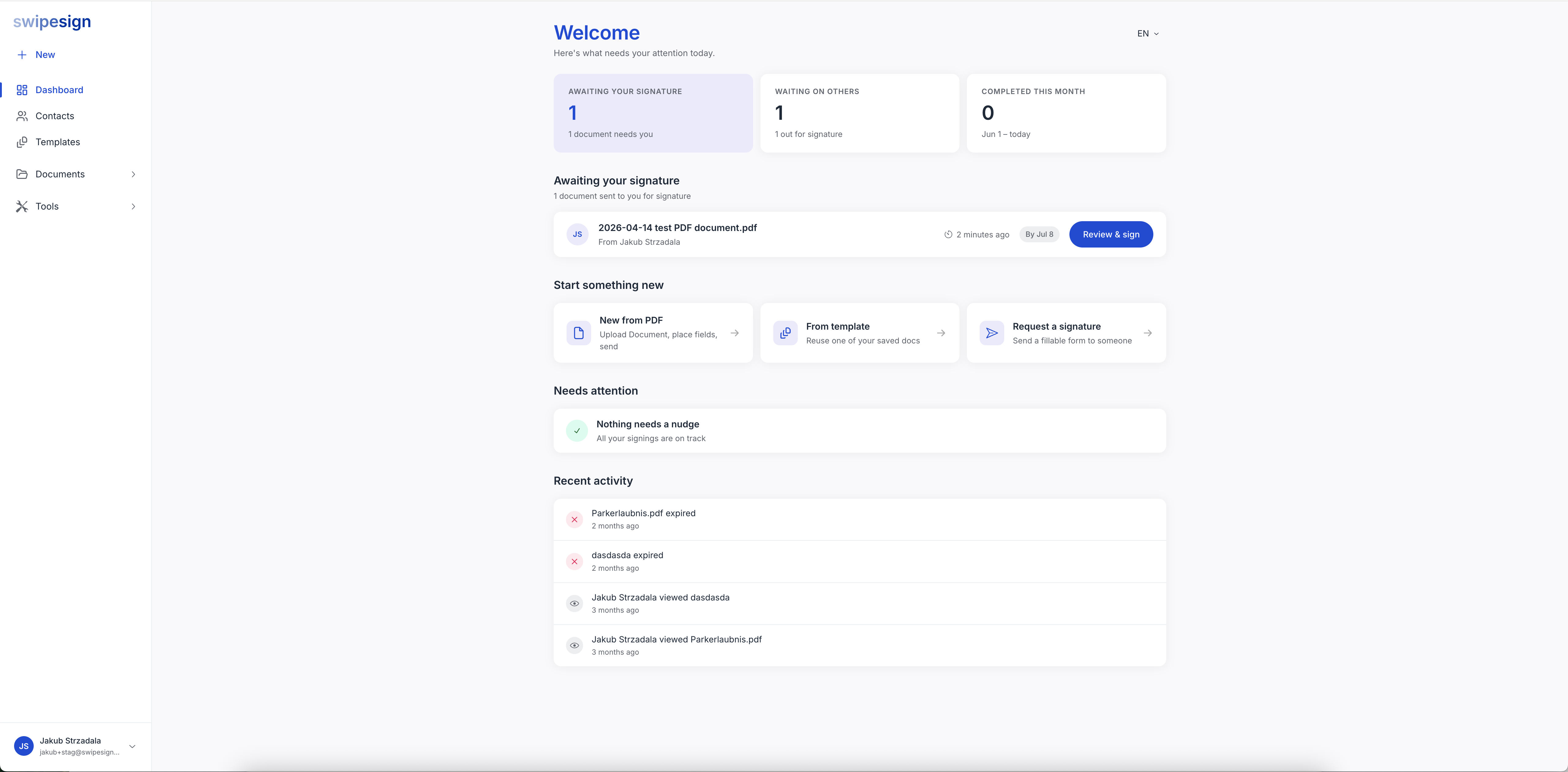 The swipesign dashboard — documents awaiting signature, templates and recent activity